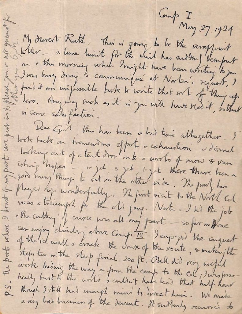 George Mallory&rsquo;nin Everest Kampı&rsquo;ndan Ruth Mallory&rsquo;ye yazdığı son mektubun ilk sayfası, 27 Mayıs 1924. C: The Master and Fellows of Magdalene College, Cambridge